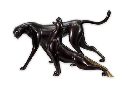 Loet Vanderveen Yawning Panther & Stalking Cheetah Signed Contemporary Bronze Sculptures