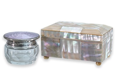 Vintage Enamel Sterling Container and Mother of Pearl Box Glamour Set 1950s
