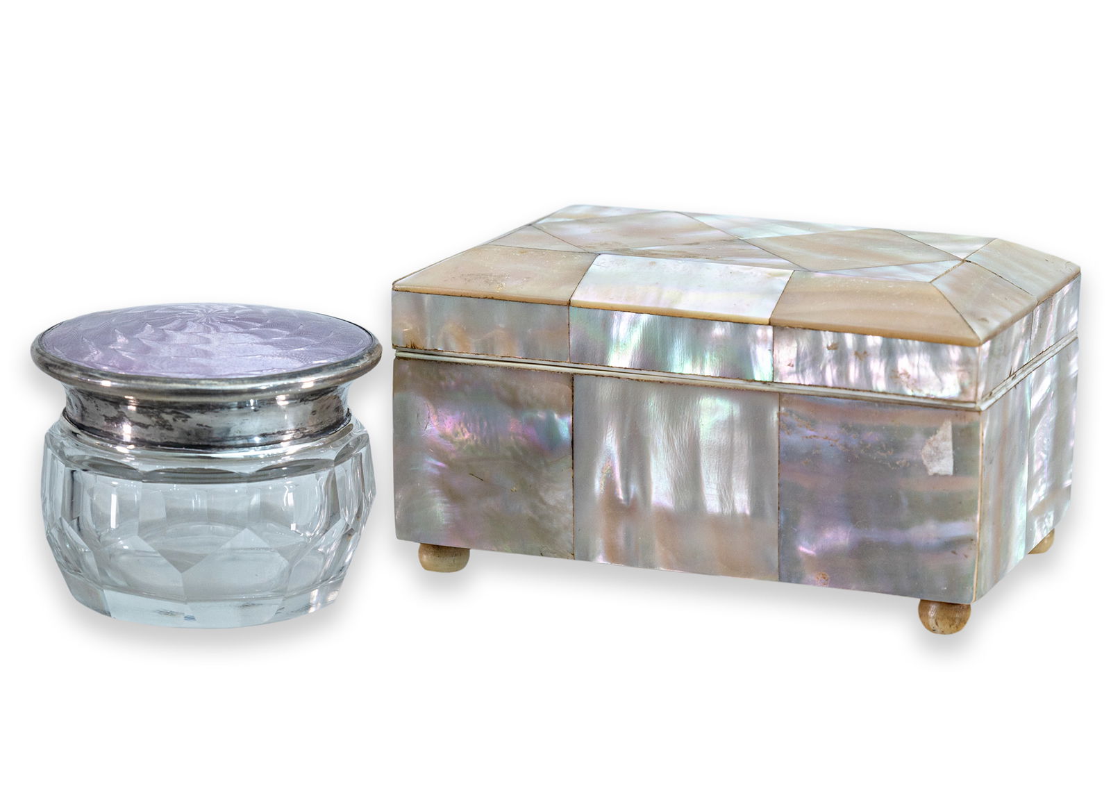 Vintage Enamel Sterling Container and Mother of Pearl Box Glamour Set 1950s (1 of 6)