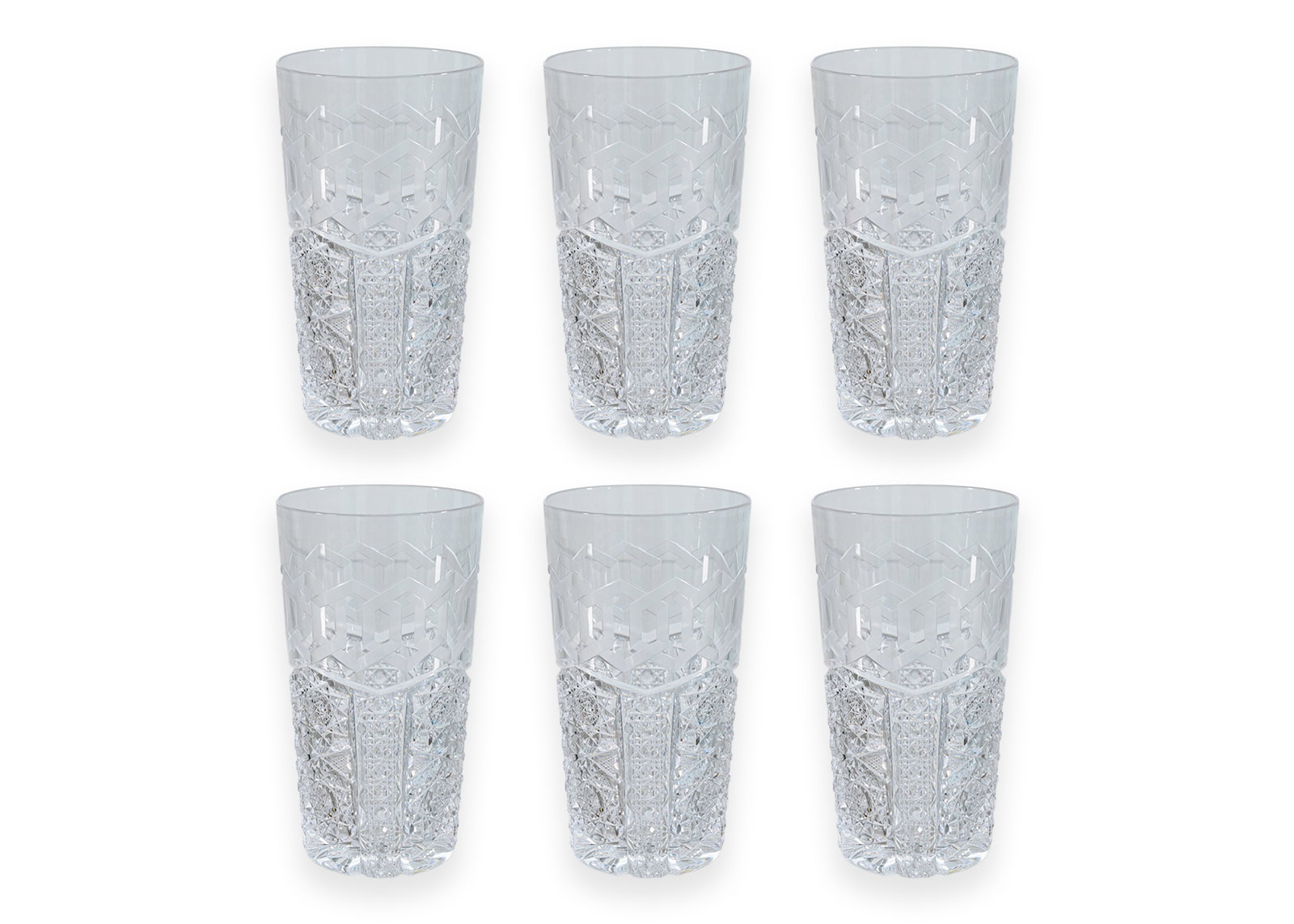 Traditional Crystal Tumblers Set of 6 Glassware: A set of 6 crystal tumblers. Traditional glassware with an artistic design that also makes it functional to hold. A stylish yet chic home addition for entertaining guests. From a private collection. D