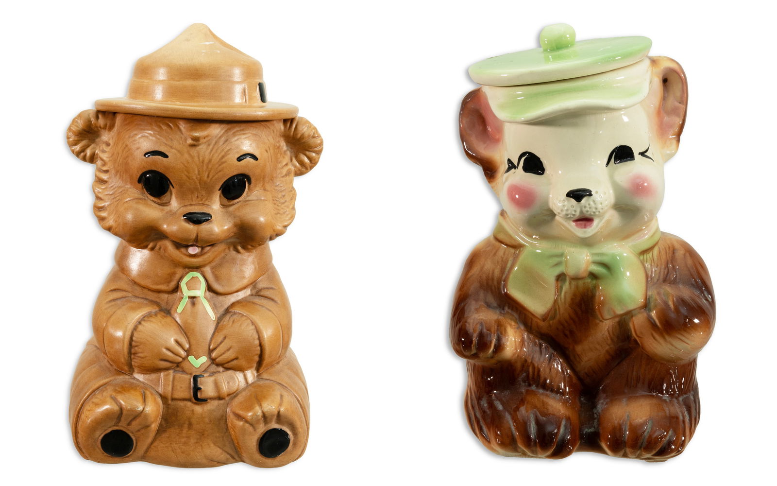 Vintage Cookie Jar Collection III Pair of Bears Mid Century Modern Décor: A vintage cookie jar collection – the “Smokey the Bear Ranger” manufactured by Twin Winton, USA, circa 1960s; “Brown Bear” by Bisque Ceramic, USA, circa 1950s. A nostalgi