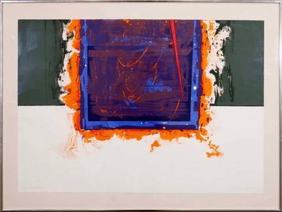 Romas Viesulas Overpass X Signed Contemporary Abstract Lithograph on Paper 1970: A contemporary abstract color lithograph on paper titled "Overpass X" by Romas Viesulas. Hand signed in pencil on the bottom right and dated 1970. Annotated 16/25 and titled on the bottom left. This