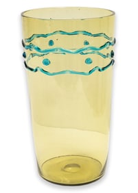 Modernist Steuben Art Studio Glass Vessel or Vase Chartreuse with Turquoise Ribbon Design 1980s
