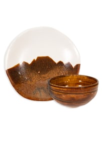 Modernist Ceramic Plate and Bowl with Earth-Toned Glaze Set Signed Tavel