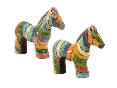 Vintage Rainbow Zebra Pair of Raku Ceramic Animal Figurines Africa Art Pottery 1970s