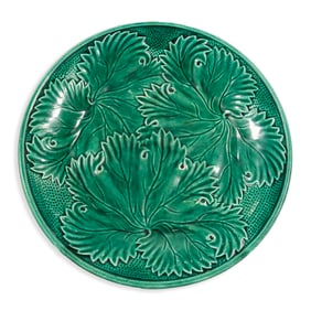 Vintage Majolica Ceramic Plate with Green Glaze and Leaf Motif 20th Century Earthenware