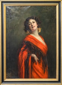 Franz Wobring Untitled (Woman in Red) Signed 19th Century Realism Oil Painting Portrait