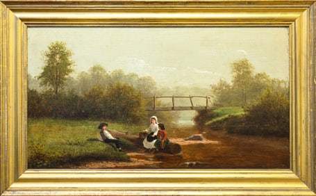 William H. Willcox Untitled (Landscape with Children) Signed 19th Century Realism Oil Painting