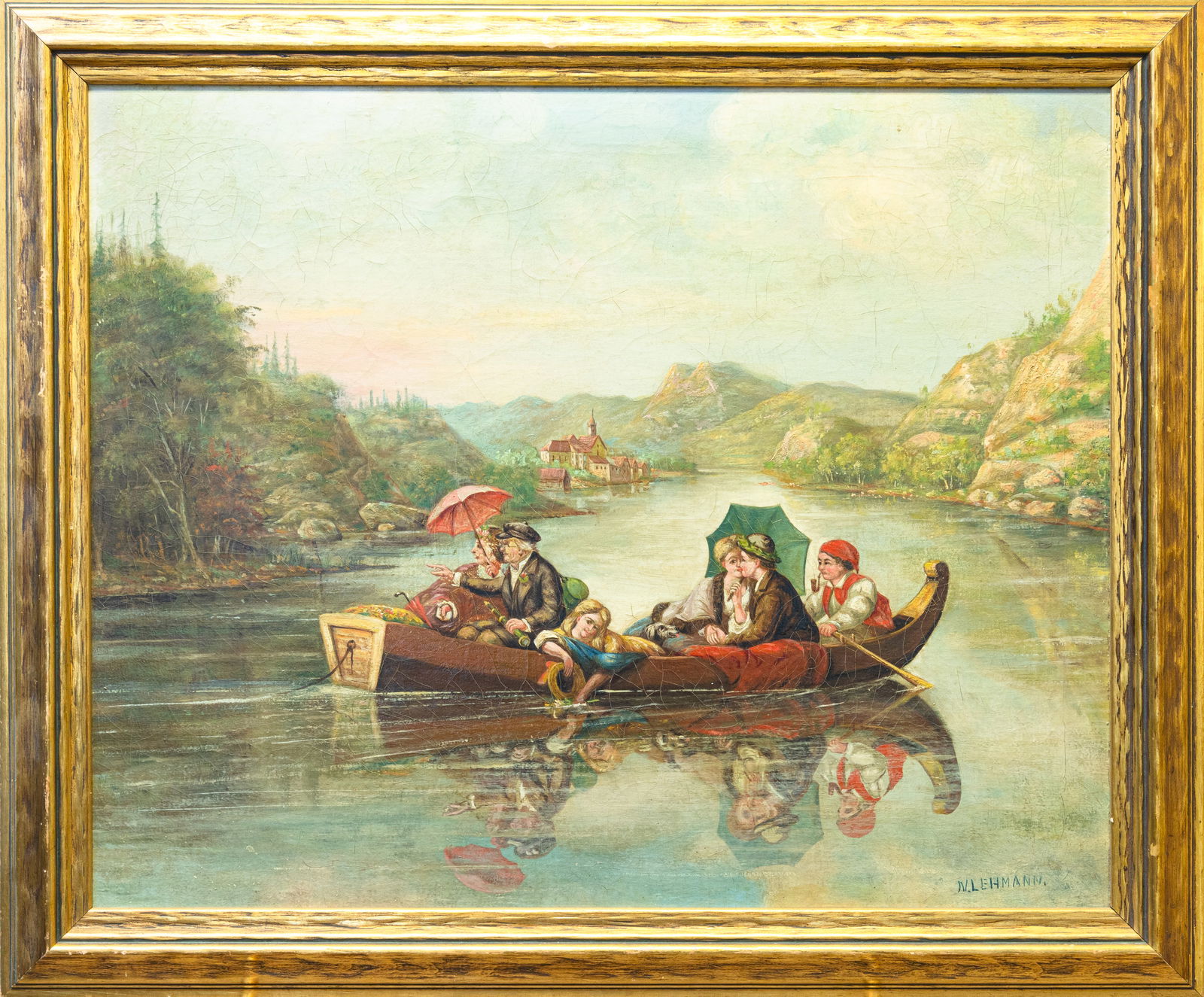 N. Lehmann The Boating Party Signed 19th Century Realism Oil Painting on Board Framed: A European Realism oil painting on board titled “The Boating Party” signed N. Lehmann, lower right. Circa late 19th century. The painting depicts a group of six elegantly dressed figures enjoy