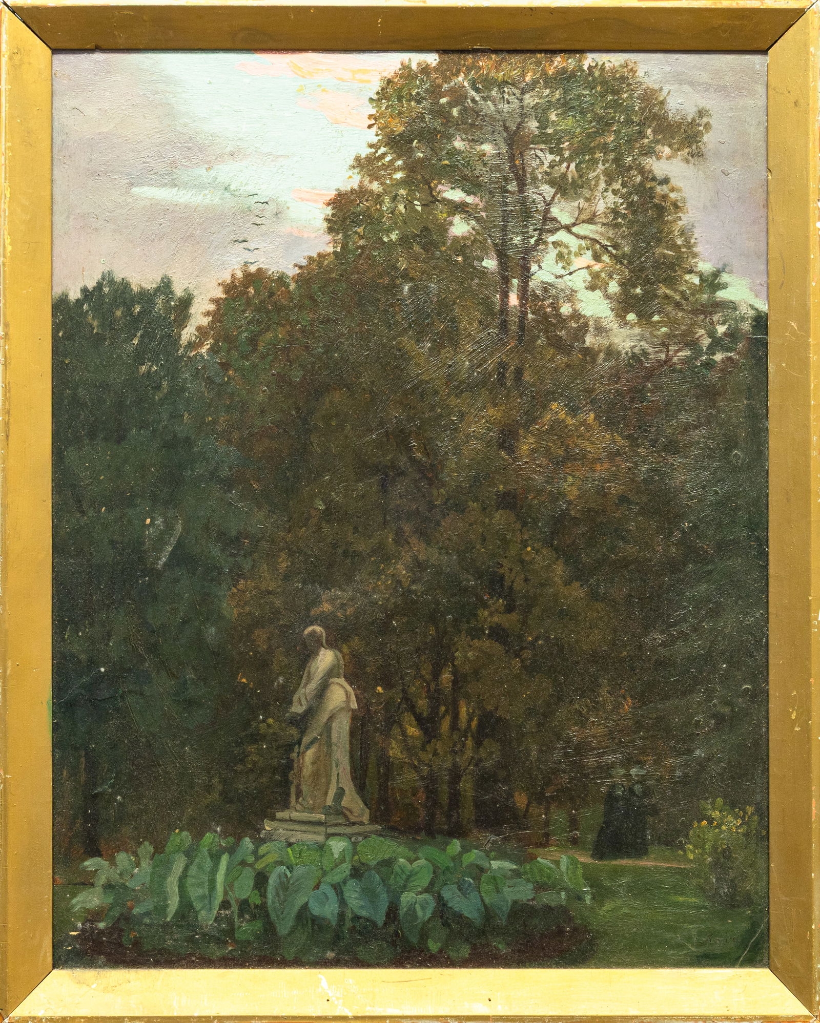 Jacobson Leisten Untitled Garden Signed 19th Century Romantic Realism Oil Painting on Canvas: A late 19th century Romantic Realism Untitled Garden oil painting on canvas. Signed lower right with artist Jacobson Leisten noted on the verso. The painting depicts a serene garden scene at dusk. A c
