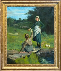 J. C. Bowman Untitled (Pastoral Genre Scene) Signed 19th Century Realism Oil Painting