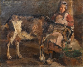 Irving Reuben Bacon Untitled (Girl with Donkey) Signed Early 20th C. American Realism Oil Painting
