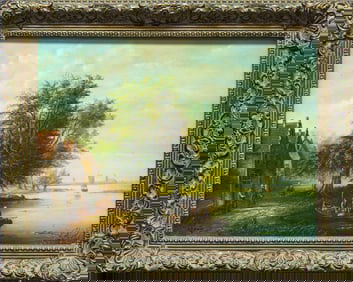 Leo von König Untitled (River Scene) Signed Early 20th Century German Oil Painting on Board