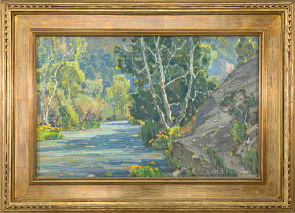 William Wendt Signed 1928 Oil Painting California Impressionist Sycamore Trees in Canyon Framed: A California Impressionist oil painting on canvas by William Wendt. Signed and dated 1928, lower right. Label on verso from “Harold Weaver Studios” – a Laguna Beach framer closely associated