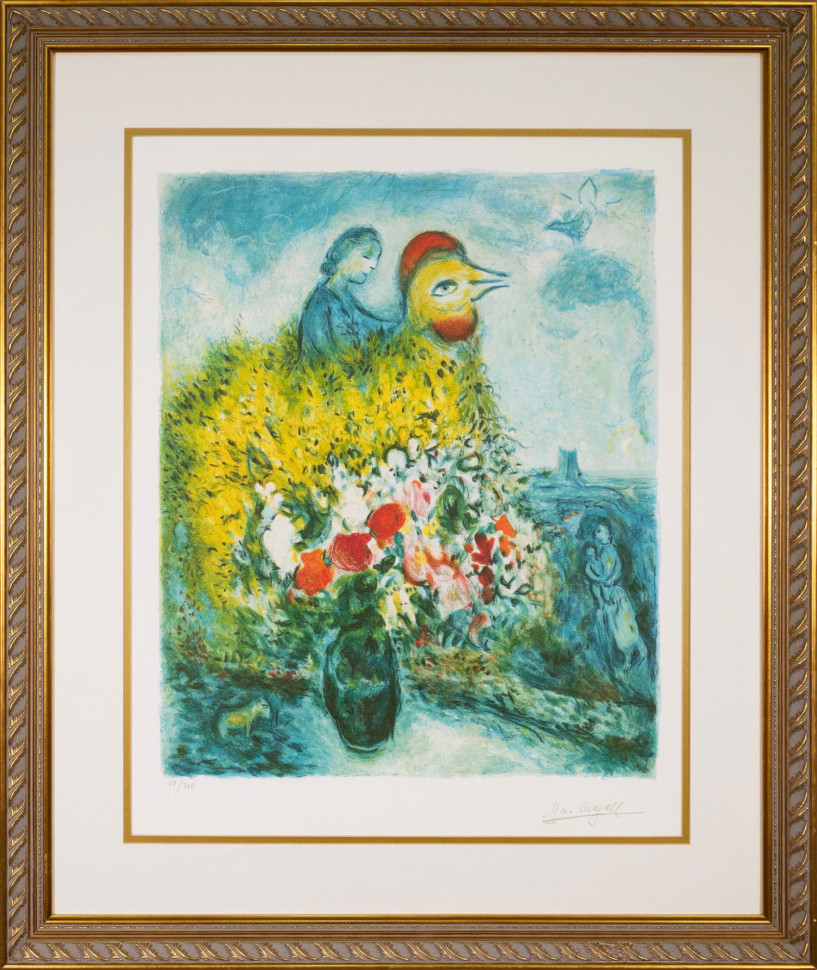 Marc Chagall Le Coq Avec Le Bouquet Jaune Modern Lithograph Facsimilie Signed 1987 Framed (1 of 9)