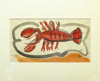 Harold Cohn Maine Lobster Signed Minimalist Modern Watercolor Painting on Paper 1950s