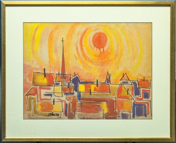Harold Cohn Village Sunset Signed Modernist Watercolor Painting on Paper 1950s
