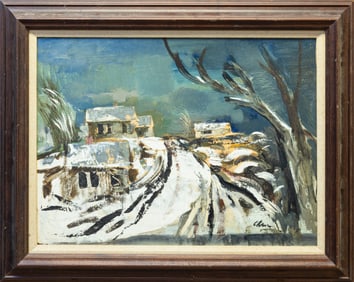Harold Cohn A Winter’s Night in the Village Signed Modernist Oil Painting on Canvas 1950s
