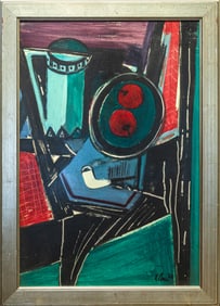 Harold Cohn Cubist Still Life with Artist’s Pipe Signed Modernist Oil Painting on Board 1956