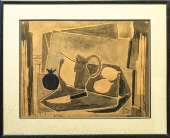 Harold Cohn Still Life with Lemons & Pomegranates Signed Modernist Watercolor 1952
