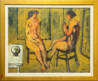 Harold Cohn Two Nudes in Conversation Signed Modernist Oil Painting on Canvas 1950s