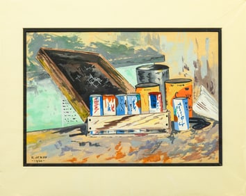 Richard Jerzy Still Life with Art Supplies Signed Modernist Watercolor Painting on Paper 1960