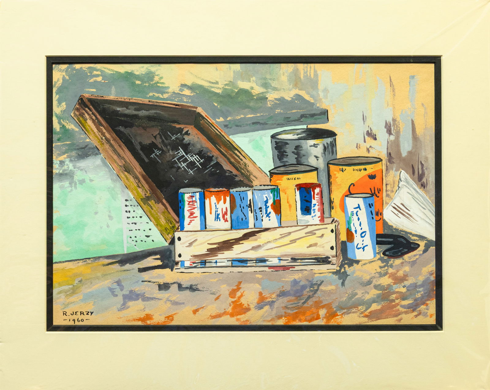 Richard Jerzy Still Life with Art Supplies Signed Modernist Watercolor Painting on Paper 1960 (1 of 4)