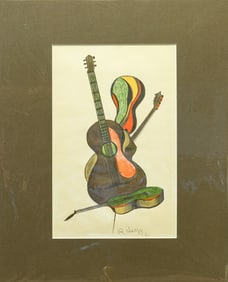 Richard Jerzy Cubist Mandolin Signed Modernist Color Graphite Drawing on Paper 1961