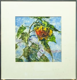 Richard Jerzy Sunflowers Signed Modernist Watercolor Painting on Paper 1991