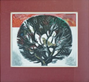 Aldo Londino Untitled Bird in Tree Signed 1967 Modernist Pastel Drawing  Framed