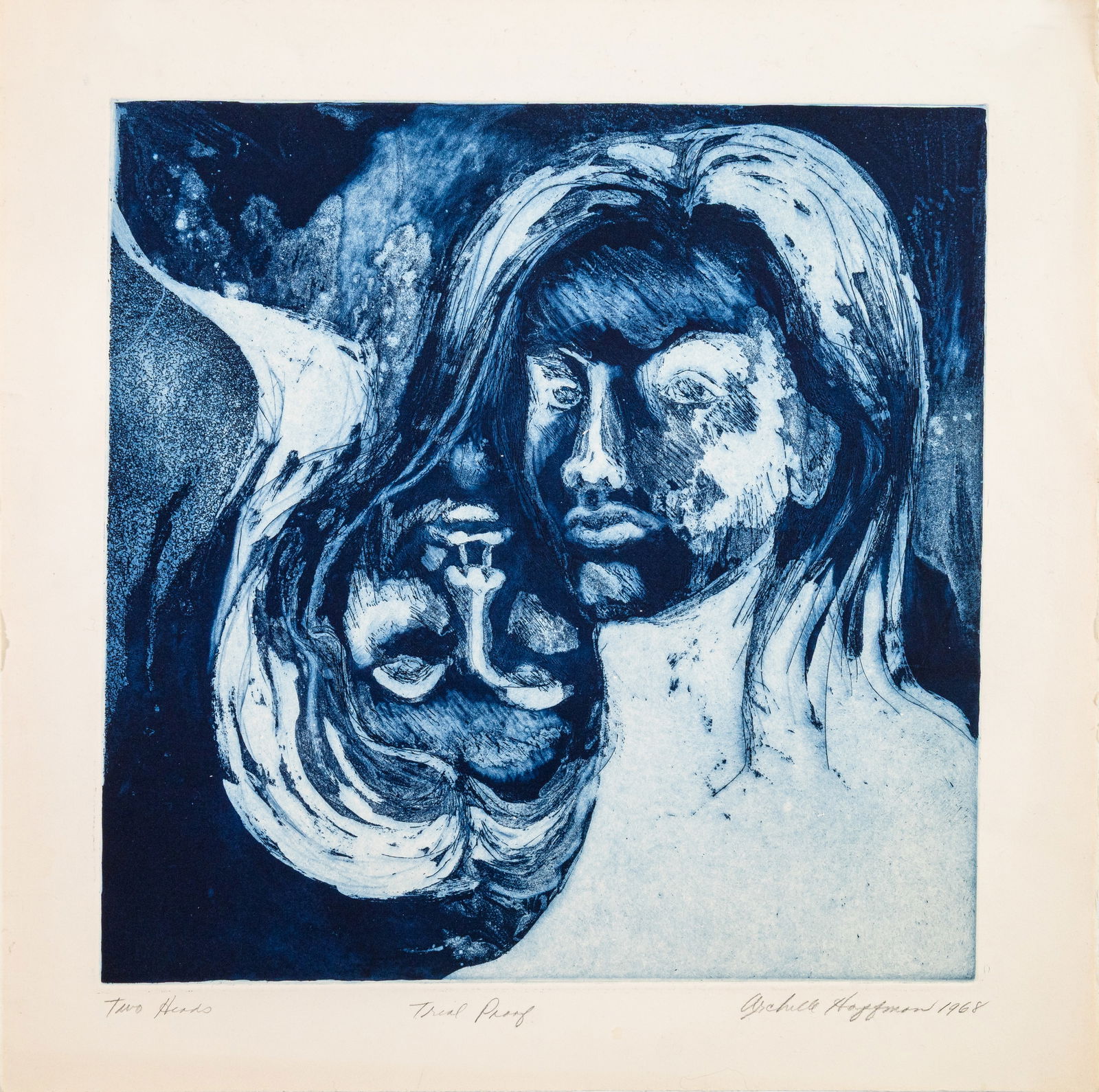 Modernist Figurative Surrealism Two Heads Trial Proof Silkscreen Signed Hoffman 1968: A modernist figurative surrealism silkscreen titled “Two Heads” by Hoffman. Hand signed in pencil on the lower right and dated 1968. This hauntingly surreal modernist print features two ov
