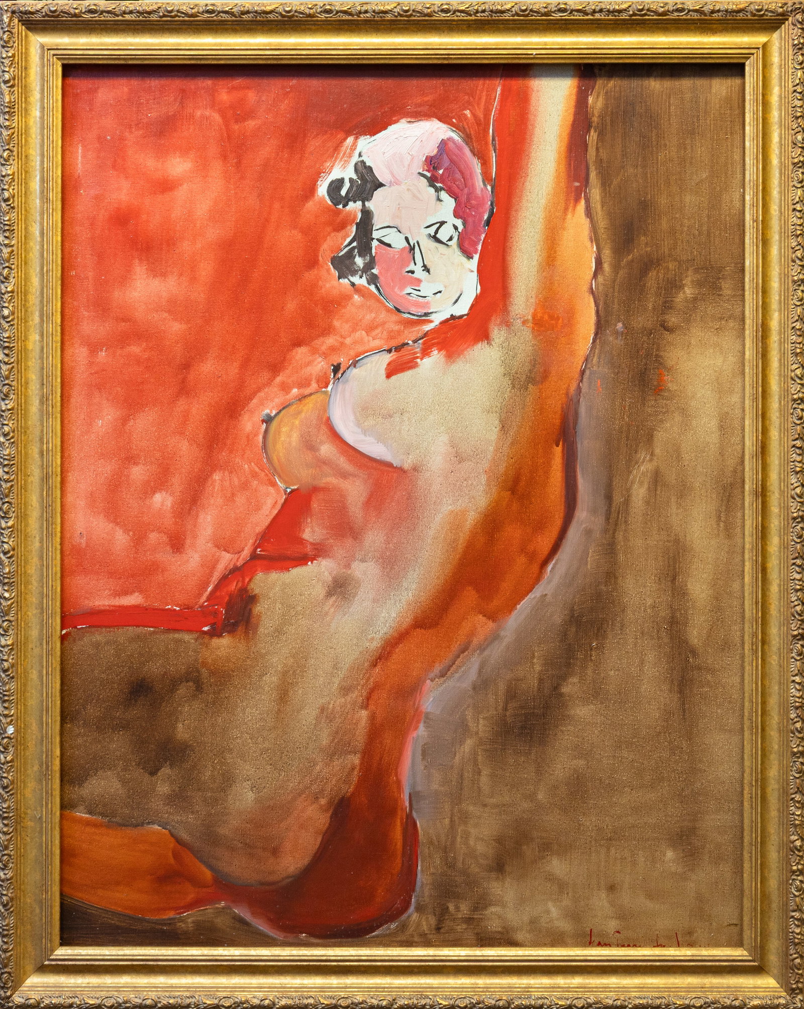 Modernist Movement d’un Nude Signed 20th Century French Figurative Oil Painting on Canvas: A modernist 20th century French figurative oil painting on canvas titled “Movement d’un Nude” and signed lower right. The composition emphasizes gesture and motion with sweeping curves and b