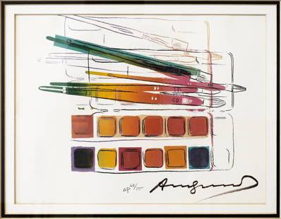 Andy Warhol Watercolor Paint Kit with Brushes (FS II. 288) 1982 Pop Art Lithograph AP 68/75: A Pop Art offset lithograph in colors on paper titled “Watercolor Paint Kit with Brushes (FS II. 288)” by Andy Warhol. Part of the artist’s “Ads” series. Signed lower right with an A