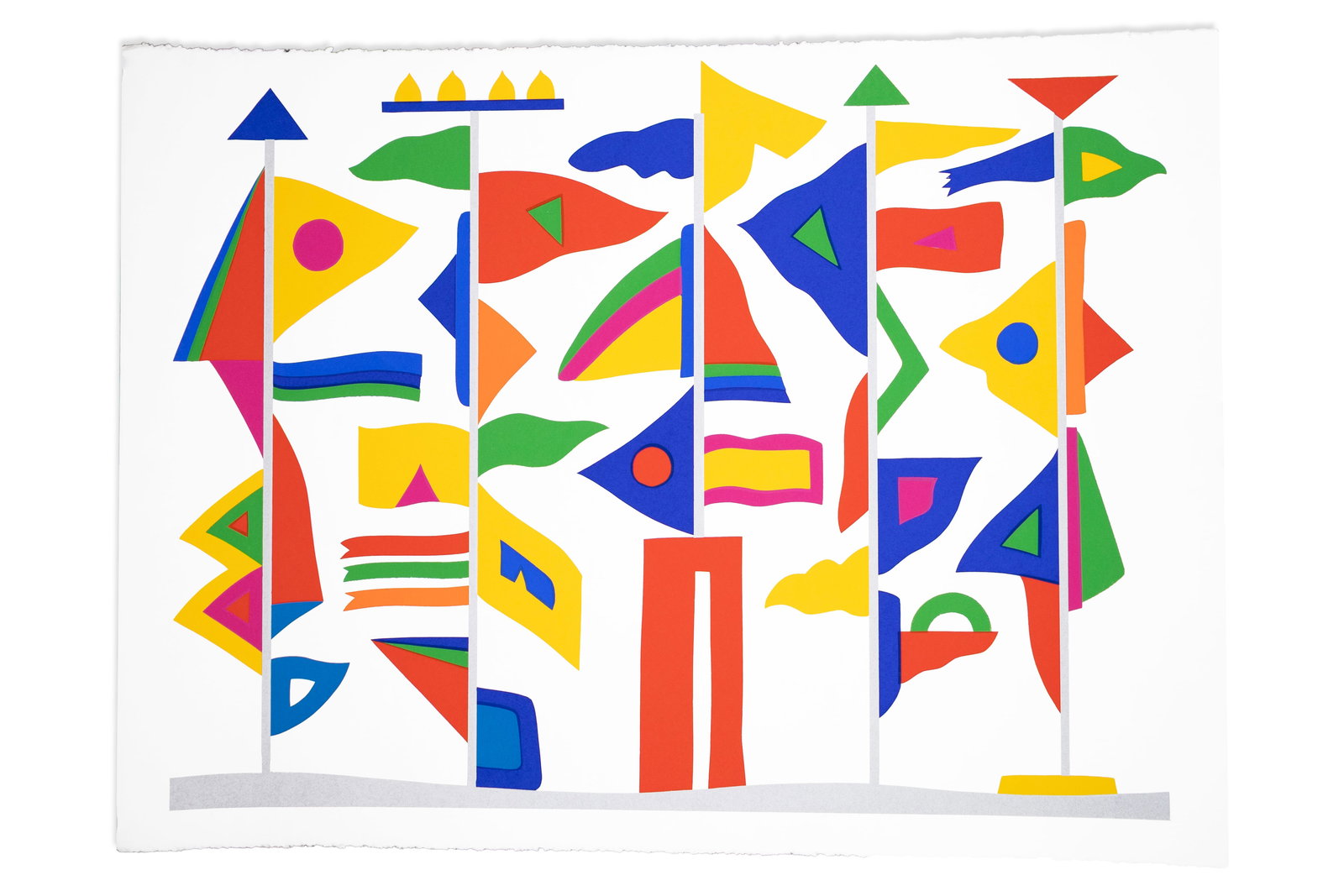 Daniel Gelakoska Color Breeze Contemporary Serigraph with Embossed Artist Seal Unframed: A contemporary serigraph titled “Color Breeze (Nautical Flags)” by Serbian American artist Daniel Gelakoska. Artist embossed seal "Daniel Gelakoska Printworks" via the lower margin. Modern abs