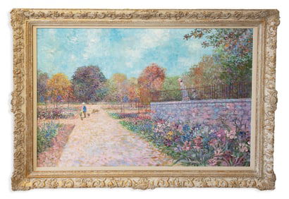 John Morris Gardens of Giverny Signed Contemporary Impressionist Oil Painting 1970s