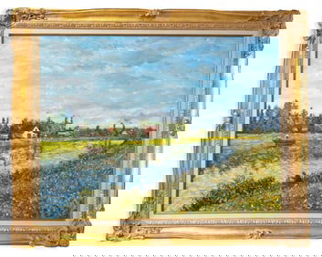 Martin Jewell Fishing on the Banks of Pontoise Signed Impressionist Oil Painting on Canvas 1991