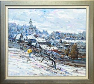 Malva (Omar Hamdi) Winter Stroll Signed Contemporary Post-Impressionist Oil Painting 1980s