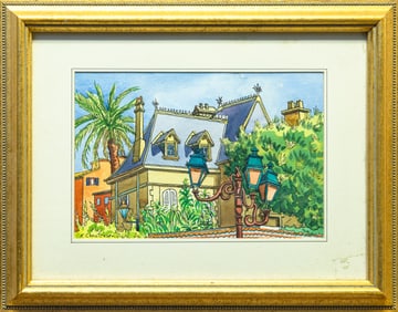 Ken Christensen Chateau with Palms Signed Contemporary Fauvist Watercolor Painting 1990s