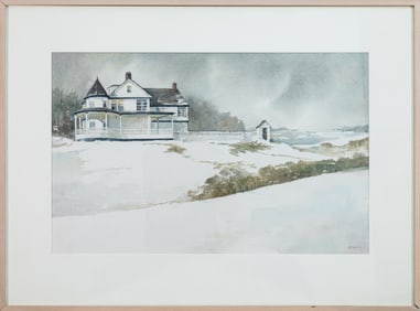 John Gable Untitled (Beach House) Signed Contemporary Realist Watercolor Painting on Paper