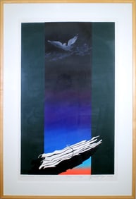 Zygmunt Czyz Surrealist Soaring Dove Signed Linocut on Paper 20/30 Framed 1987