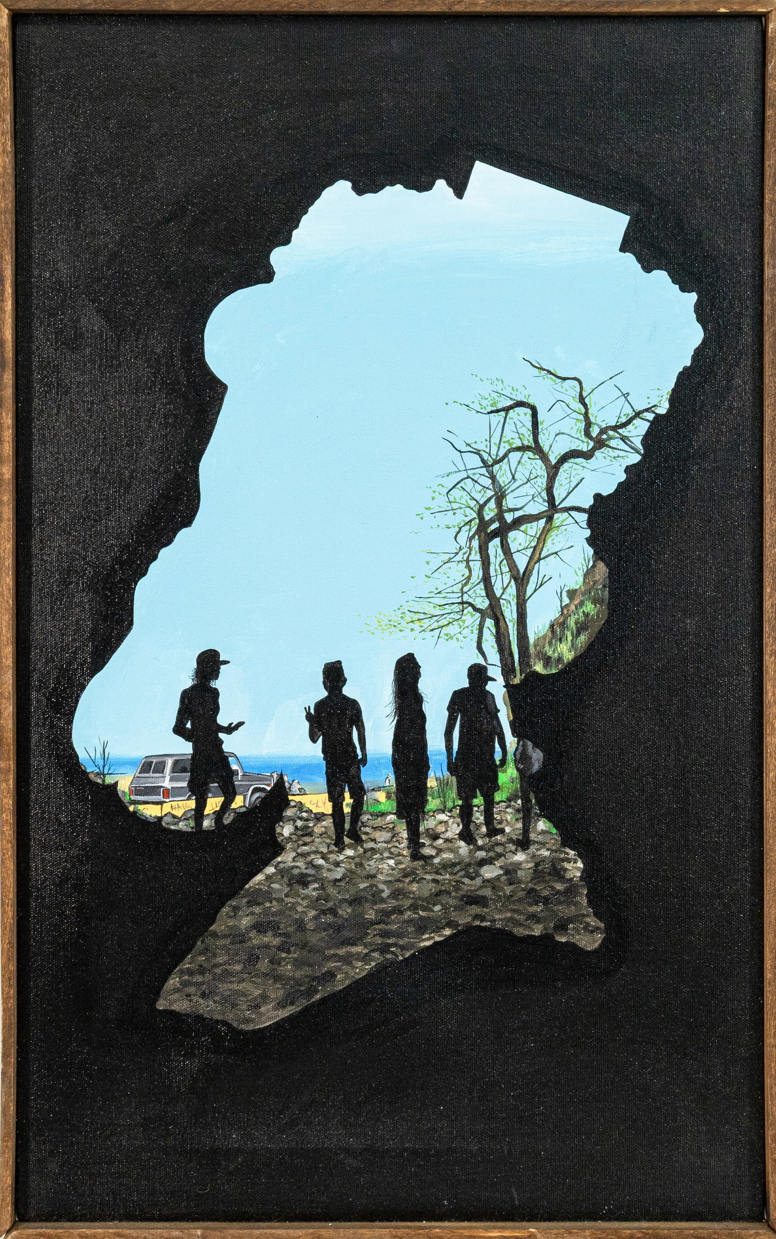 Jason Eatherly Hawaiian Caves with my Day Ones Signed Oil & Acrylic Painting on Canvas 2017: A contemporary oil and acrylic painting on canvas titled “Hawaiian Caves with my Day Ones” by Jason Eatherly. Signed, titled, and dated 2017 on the verso. The painting features a striking silh