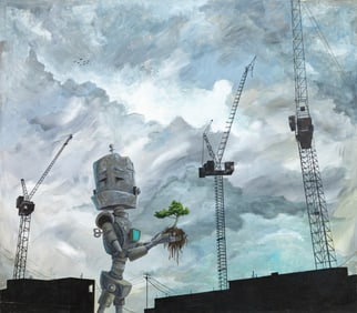 Lauren Briere Industrial Bot Signed Contemporary Fantasy Sci-Fi Oil Painting on Panel 2018