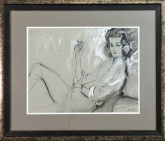 Rene Bouché Smoking Glamour Signed Graphite & Charcoal Drawing on Paper 1958 Framed
