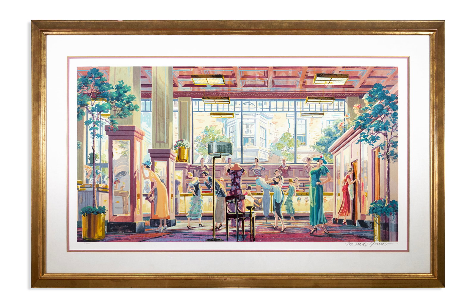 Michael Young Ladies Ready to Wear Signed Contemporary Serigraph 185/300 Framed 1988: A contemporary serigraph in colors on paper titled “Young Ladies Ready to Wear” by Michael Young. Hand signed in pencil on lower right. Annotated 185/300 on the lower left. Published in 1988.