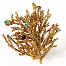 Vintage Textured Gold Branch Brooch Sapphires & Precious Stones Mid-Century Modern Jewelry