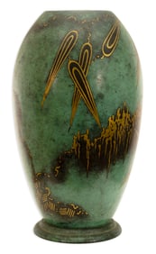 Paul Haustein for WMF Ikora Green Patinated Vase with Gold Abstract Pattern Art Deco 1920s