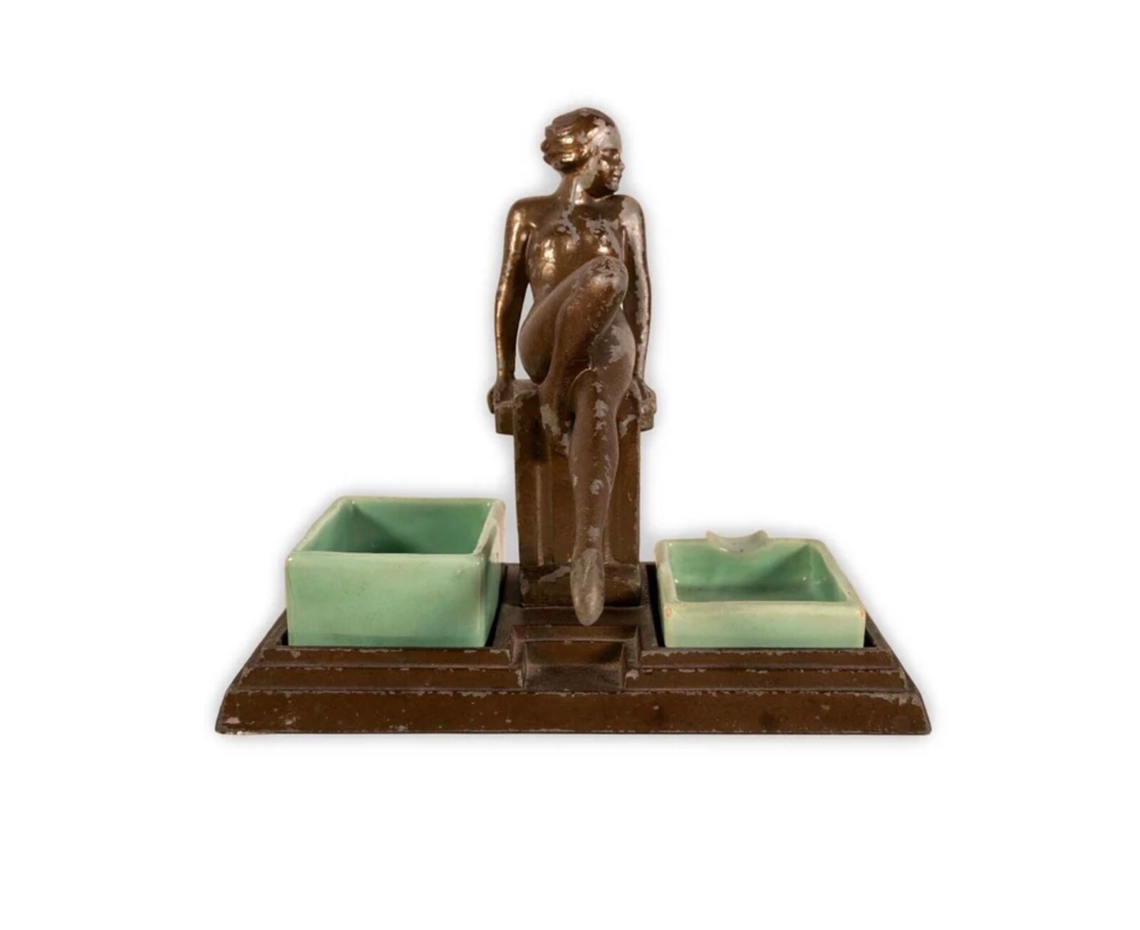 Art Deco Female Nude Figure Metal Sculpture w/ Jadeite Bowls A. Von Frankenberg: A classic Art Deco metal sculpture depicting a female nude between a pair of vintage jadeite bowl by Arthur Von Frankenberg, 1929. The item could be used as a trinket tray to hold small items such as