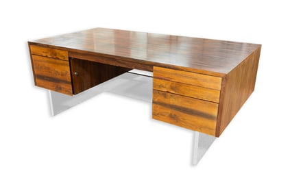 Roger Sprunger for Dunbar Attributed Modern Rosewood & Chrome Executive Desk 1960s