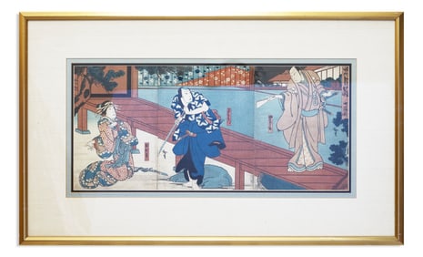 Utagawa Kunisada (Toyokuni III) Kabuki Theatre Triptych Antique Japanese Woodcut 1850