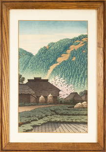 Kawase Hasui Morning in Nishibira Modern Japanese Woodblock on Paper 1953 Framed: A modern Japanese color woodblock print on paper titled “Morning in Nishibira, Izu (Izu Nishibira no asa)” by Kawase Husui. Printed in 1953. In this composition, rustic thatched-roof houses an